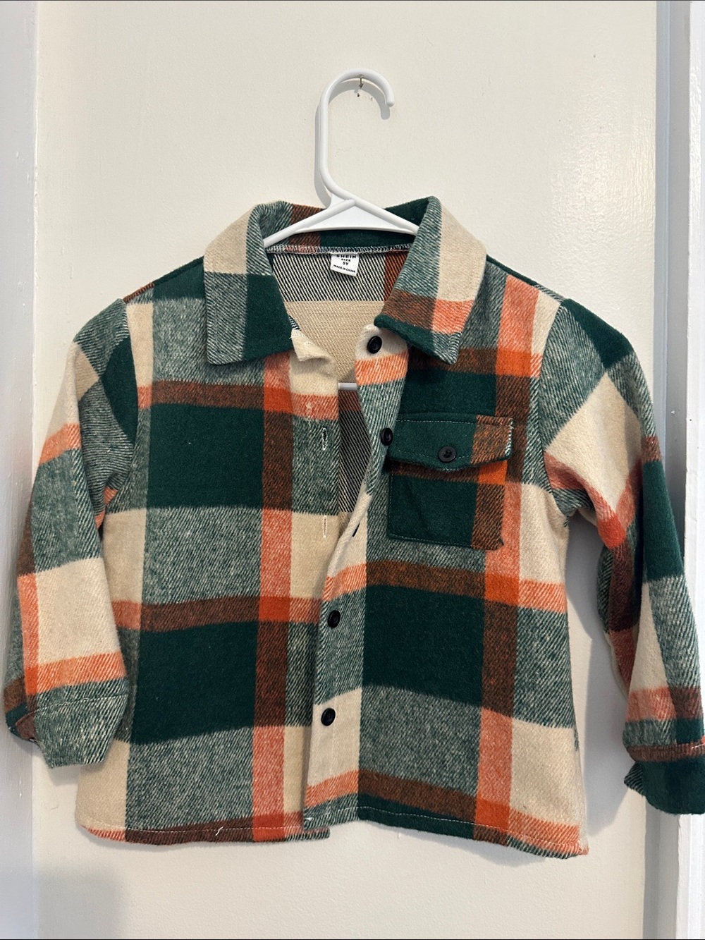 SHEIN Kids Plaid Button-Down Shirt Jacket in Green, Cream and Orange